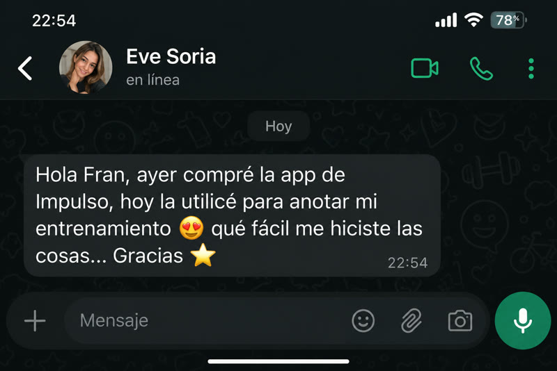 Testimonio de WhatsApp de un cliente de IMPULSO PRIME