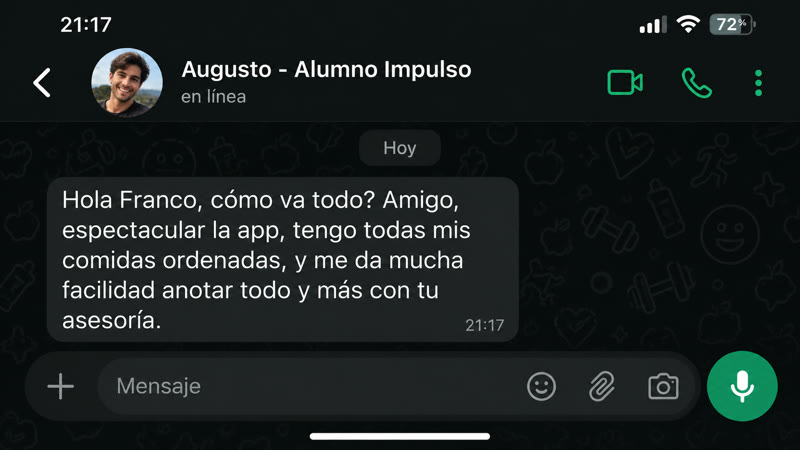 Testimonio de WhatsApp de un cliente de IMPULSO PRIME