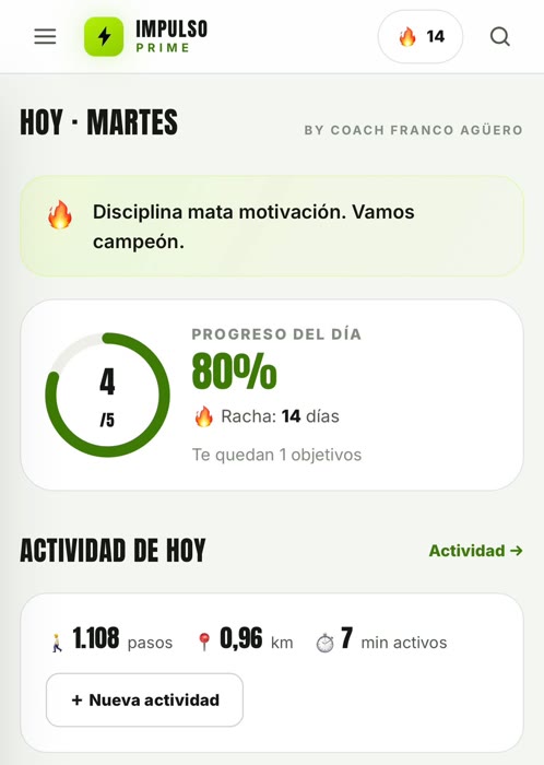 Dashboard HOY con la racha de días en IMPULSO PRIME