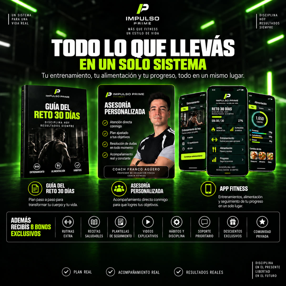 Todo lo que llevás en un solo sistema: Guía del Reto 30 días, Asesoría personalizada con Coach Franco, App Fitness y 8 bonos exclusivos